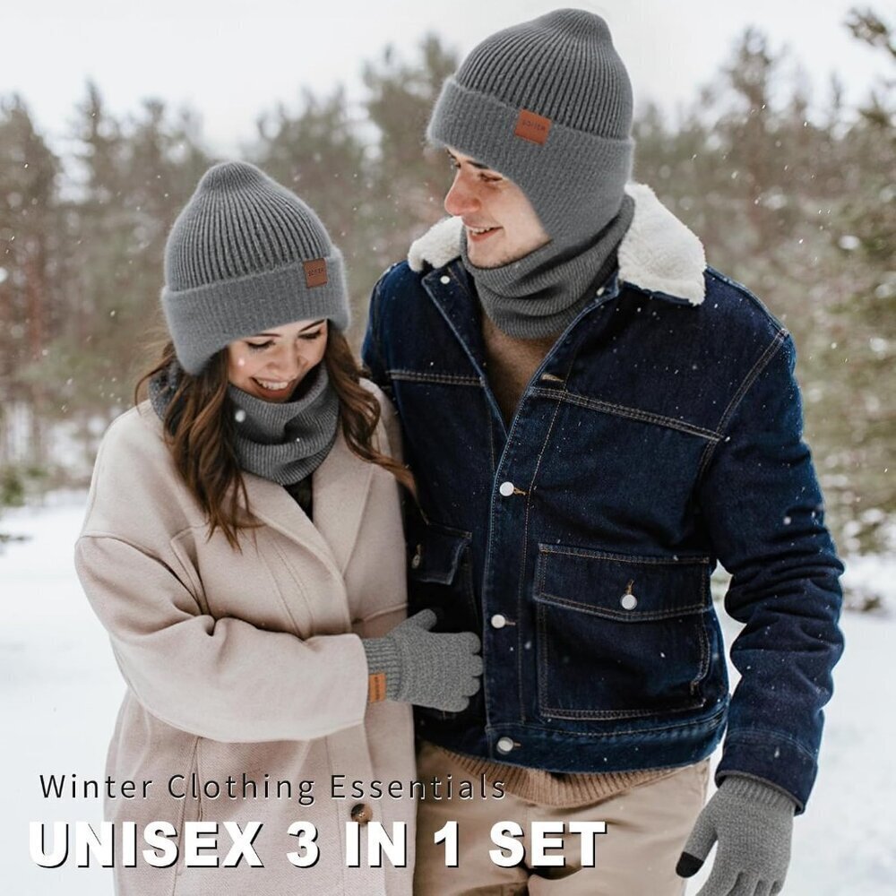 Unisex Dark Grey Fleece-Lined Beanie with Earflaps, Scarf & Touchscreen Gloves - Picture 2 of 7